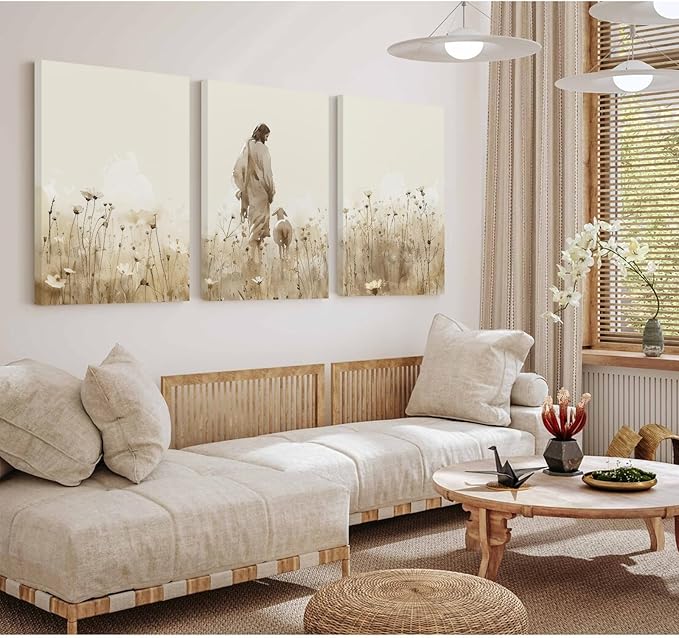 Jesus Leaves the 99 Sheep Wall Art Christian Canvas Poster Jesus and Lamb Wall Decor Religious Pictures Lost Sheep Painting God Christ Painting Artwork for Bedroom Living Room 16x24x3 Inch Ready to Hang