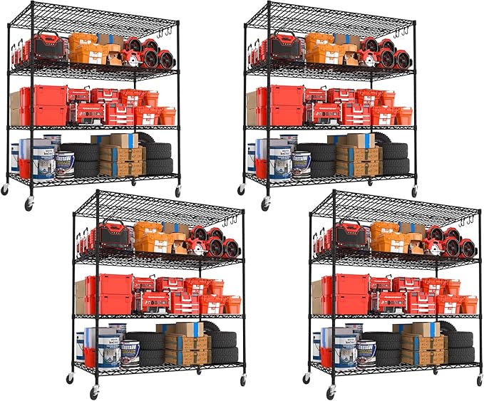 PrimeZone 4 Packs 55.5" W x 24" D x 80" H Heavy Duty Wire Storage Shelves with Wheels, 4 Tier Adjustable NSF Commercial Garage Shelving Unit, Rolling Metal Organizer Shelf Rack for Warehouse, Pantry