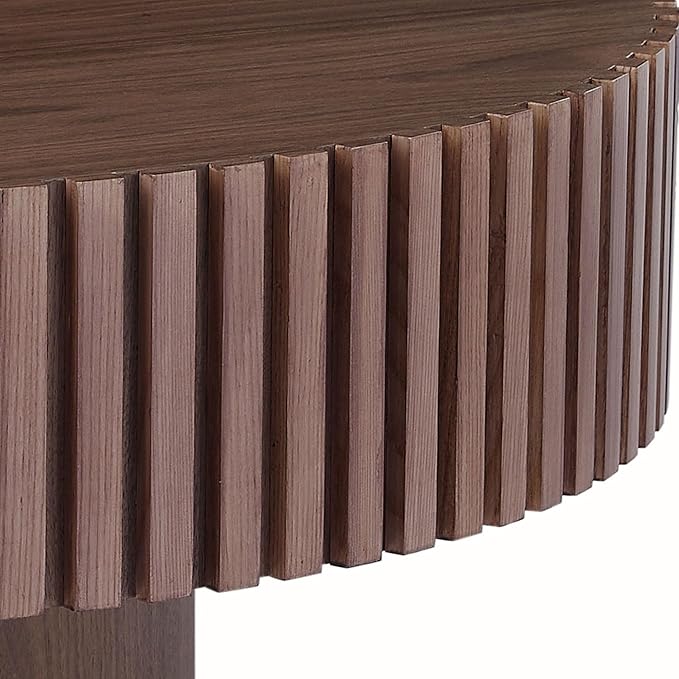 ø39.37'' Walnut Round Coffee Table Contemporary Wood Circle Coffee Table with Fluted Pedestal Centry Table for Living Room, Easy Assembly