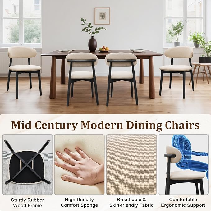 Farmhouse Dining Chairs Set of 2, Mid Century Modern Fabric Upholstered Kitchen Chairs, Wooden Dining Room Chair with Curved Back&Black Legs for Kitchen Dining Room Restaurant Cafe, Beige, Only Chairs