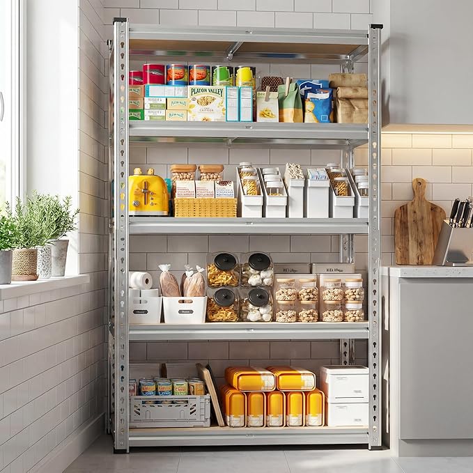REIBII Storage Shelves, 5 Tier Adjustable Metal Garage Shelving, Storage Rack for Kitchen Storage, Basement, Garage, Pantry, Closet, Shop, Galvanized, 12" D x 28" W x 59.8" H，2020 lbs Total Capacity