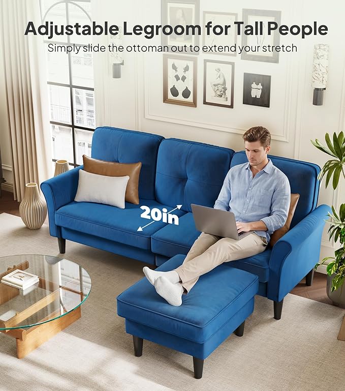 Welzona Sofas for Living Room, 83" Velvet Sectional Couch with Moveable Ottoman, Midcentury Modern Small Sectional Couch, L Shape Sofa & 2 Seater, Couches for Living Room, Apartment, Bedroom