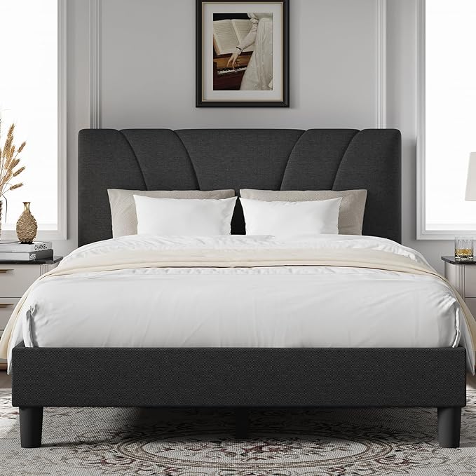 Novilla Full Size Bed Frame with Adjustable Headboard Platform Full Bed Frame with Linen Upholstered Headboard, No Box Spring Needed, Noise-Free, Easy Assembly, Dark Grey