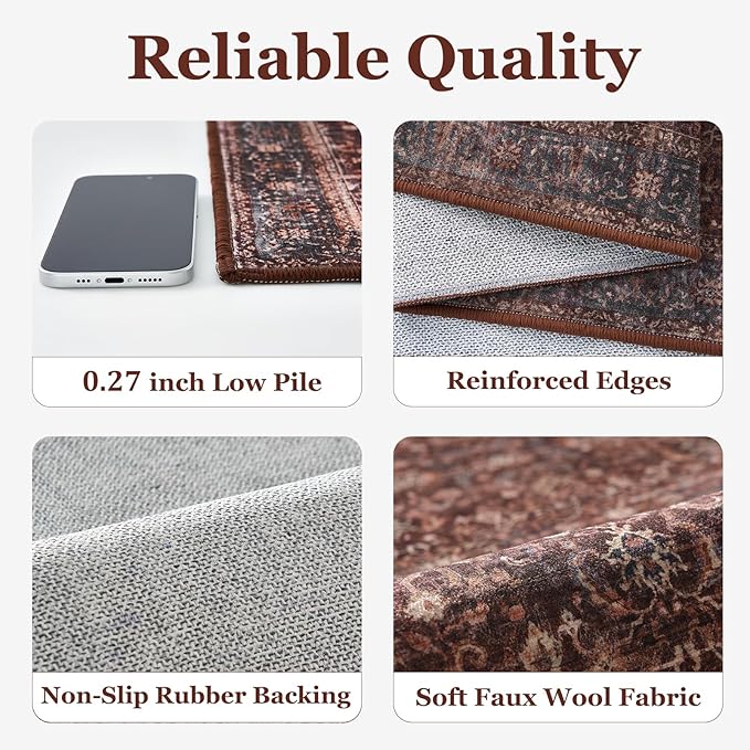 Brick Red Area Rugs 9x12 Living Room, Vintage Distressed Rustic Washable Rugs for Bedroom Non Slip, Low Pile Thin Large Carpet Rug for Dining Room Stain-Resistant, Earth Tone Brick Color