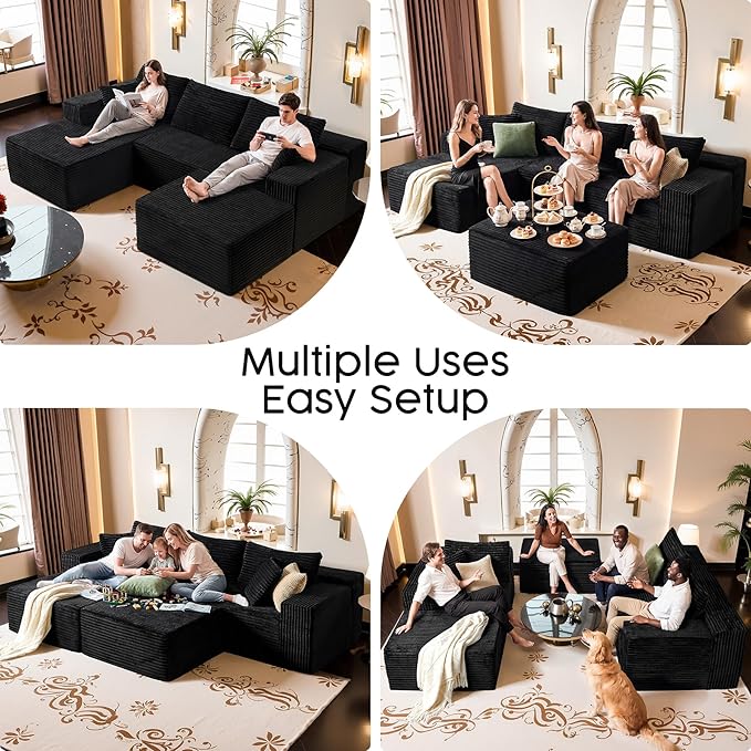 Black Sectional Couch with Ottoman, 108" Cloud Modular Couch for Living Room, Modern U-Shaped Sofa, No Assembly Required - Plush Corduroy Fabric & Deep Seat Comfort (Right Facing Chaise)