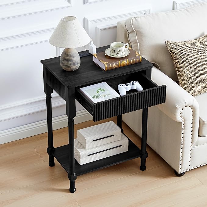 XUZENEST Fluted Nightstand with Charging Station, 23.6” Large Bed Side Table End Table with Drawer, Modern Mid Century Solid Wood Legs Night Stands Bedside for Bedroom Living Room Sofa Office, Black