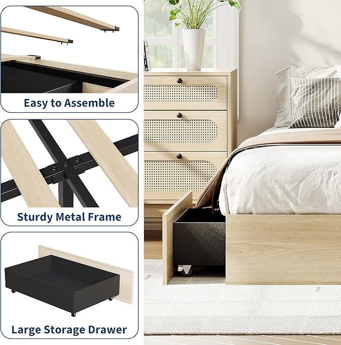 GarveeHome California King Wood Platform Bed Frame with 2 Storage Drawers, Wooden Bed Frame Without Headboard, Wood Slat Support, No Box Spring Needed, Easy Assembly