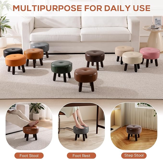 oakvivo Small Foot Stool, Round Faux Leather Pouf Ottoman Foot Rest, Footstool Ottomans with Rubber Legs Under Desk, 13''L x 13''W x 10.2''H, Footrest for Couch, Living Room, Bedroom, Hallway, Brown