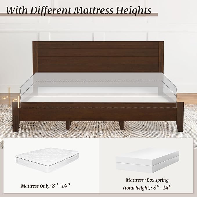 Cozyman King Bed Frame and Headboard, 100% Solid Acacia Wood Platform, 800lb Heavy Duty Support with 10 Reinforced Legs, Noise-Free No Box Spring Needed, Low-Profile Design, Walnut