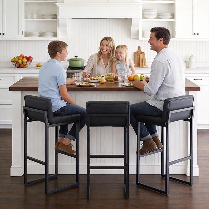 FIRAVOE Bar Stools Set of 3, PU Leather Bar Height Barstools, 30" High Top Bar Stools with Back and Thickened Metal Legs, Upholstered Island Chairs for Kitchen Island (Black, 3Pcs 30" Bar Stools)