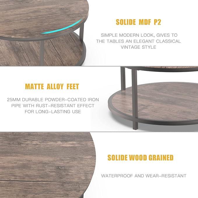 NSdirect Round Coffee Table, 36” Coffee Table for Living Room, 2-Tier Wood Desktop & Sturdy Metal Legs Table Home Furniture with Storage Shelf (Walnut)