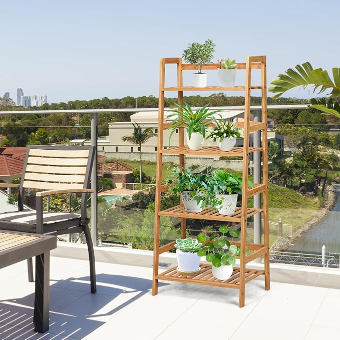 COSTWAY 4-tier Ladder Shelf, Bamboo Plant Stand Rack, Freestanding Bookshelf, Multifunctional Storage Shelves, Flower Stand Rack Holder for Garden, Balcony, Living Room, Bedroom (Natural)