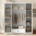 Merax 4 Doors Closet Wardrobe with Mirror Door and Hanging Rail, Wood Closet Organizers and Storage with One Drawer and Two 4-Tier Storage Shelves, Top Cabinet for Bedroom, Laundry Room, White