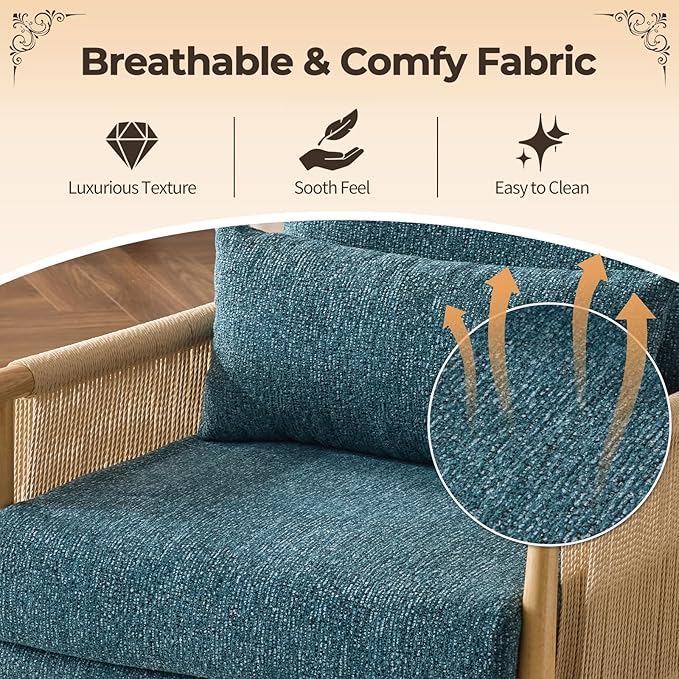 Karl home Cozy Chenille Accent Chair with Lumbar Pillow & Rattan Arms Modern Lounge Chair for Living Room, Bedroom, Reading Nook, Blue & Green