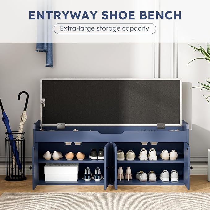 47.2" Storage Bench - Entryway Shoe Bench with 4 Doors and Top Storage Area, Multifunctional Entryway Bench with Lift Top Cushion, Shoe Storage Bench for Bedroom, Living Room, Blue