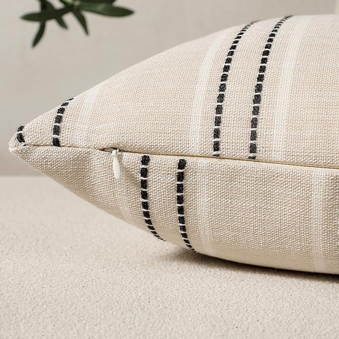 Hckot Throw Pillow Covers 22x22 Set of 2 Striped Pillow Covers Textured Linen Decorative Pillows Square Cushion Covers for Sofa Couch Bed Living Room Farmhouse Decor, Black