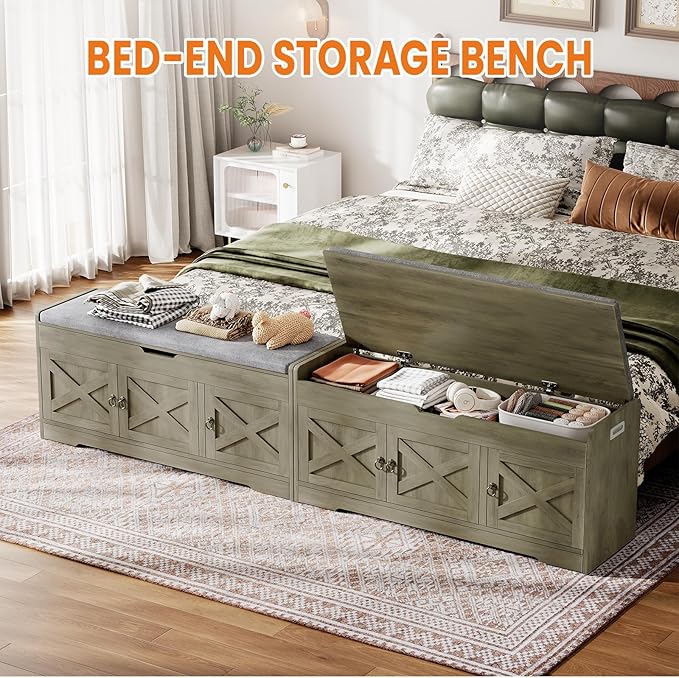 Farmhouse Shoe Storage Bench with Cushion Seat, 3-Tier Entryway Bench with Lift Top Storage and Adjustable Shelf, Bench for Hallway, Bedroom, Grey
