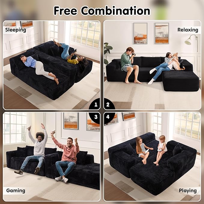 ovios 104" Cloud Boneless Couch with L-Shape Chaise,Modern Sectional Modular Sofa with Deep Seat, Upholstered Couches for Living Room Bedroom,No Assembly Required, Black (Plush Corduroy Fabric)