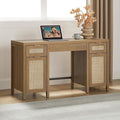 SICOTAS 52" Rattan Home Office Desk with 3 Drawers: Boho Executive Desk with 2 Storage Cabinets, Large Computer Writing Table for Study, Office, Living Room