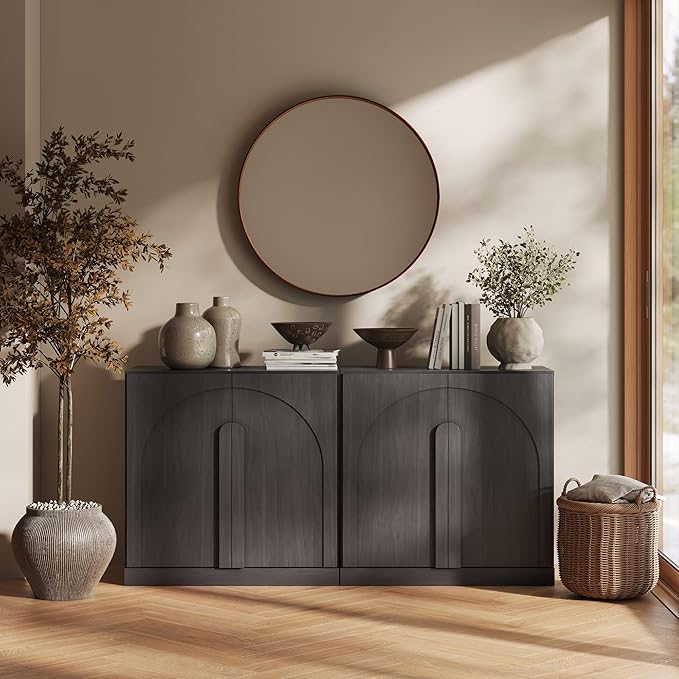 BELLEZE Set of 2 Modern Buffet Cabinets (63" Wide)-Large Sideboard Credenza with Arched Doors-Seamless Hidden Storage Console for Dining Room & Living Area-Ebony