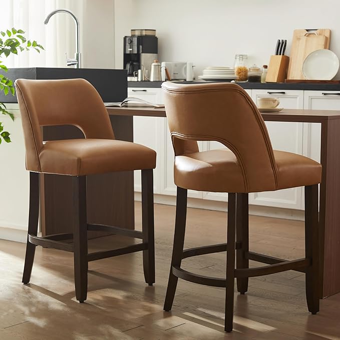 VKNOW 26" Bar Stools Set of 2, Faux Leather Counter Height Bar Stools with Backrest and Rubberwood Legs, Upholstered Barstools for Kitchen Island, Bar and Dining Room, Brown