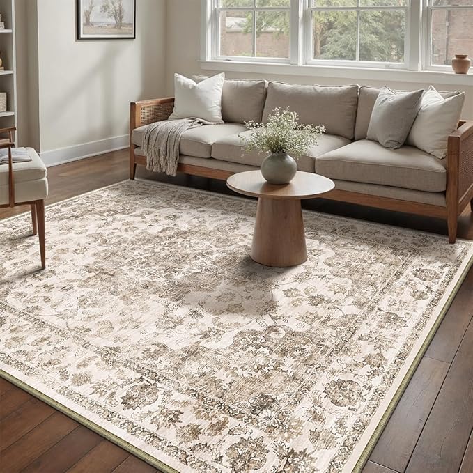 12x15 Neutral Area Rug Brown Vintage Living Room Bedroom Washable Carpet Non-Slip Soft Low Pile Farmhouse Indoor Large Throw Rug for Dining Room Office
