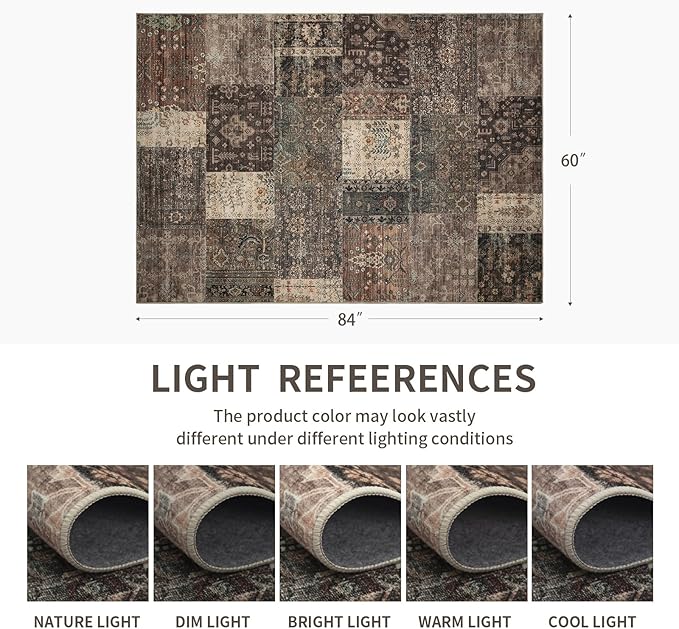 Vintage Washable Area Rug for Living Room,Low Pile 8x10 Non Slip Carpet Non-Shedding Area Rug Soft Indoor Stain Resistant Rug Floral Print Mat for Bedroom Dining Room 084-Brown