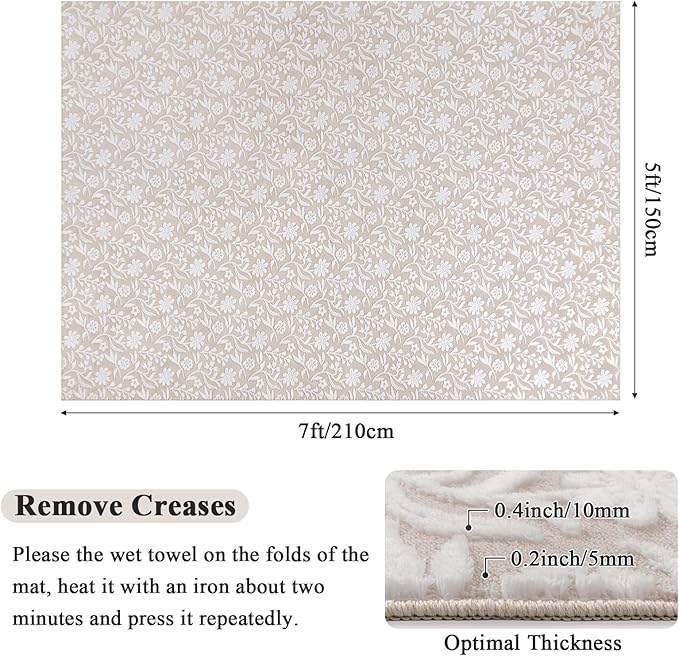 Vaukki 5x7 Area Rug for Living Room, Soft Fluffy Washable Modern Floral Indoor Floor Mat, Non Slip Shaggy Boho Accent Throw Carpet for Bedroom, Living Room, Nursery and Dining Room, Beige and White
