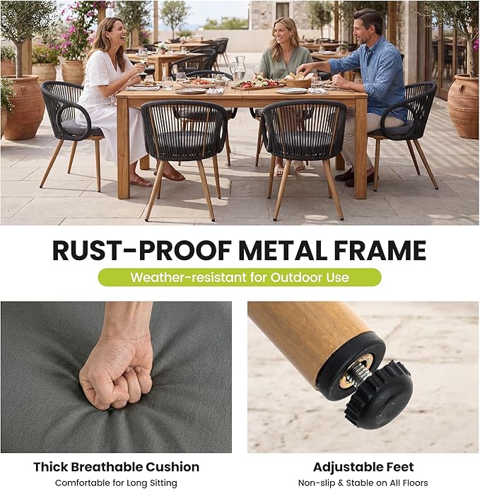 Modern Outdoor Dining Chair Set of 4 with Cushion, Scandinavian Rope Woven Patio Armchairs, Wood-Look Metal Frame, Weather-Resistant Balcony Backyard Dining Seating, Dark Grey