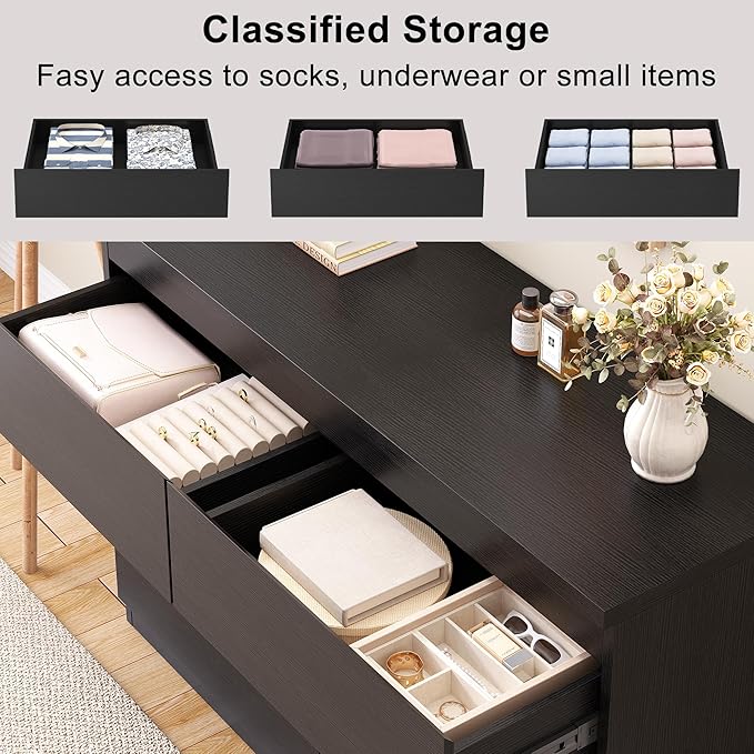 Jocoevol Modern Black 6 Drawer Dresser - Simply Chest of Drawers for Bedroom, Closet, Living Room, Hallway, Entryway, Wood Storage Double Dresser with Smooth Metal Rails - Black
