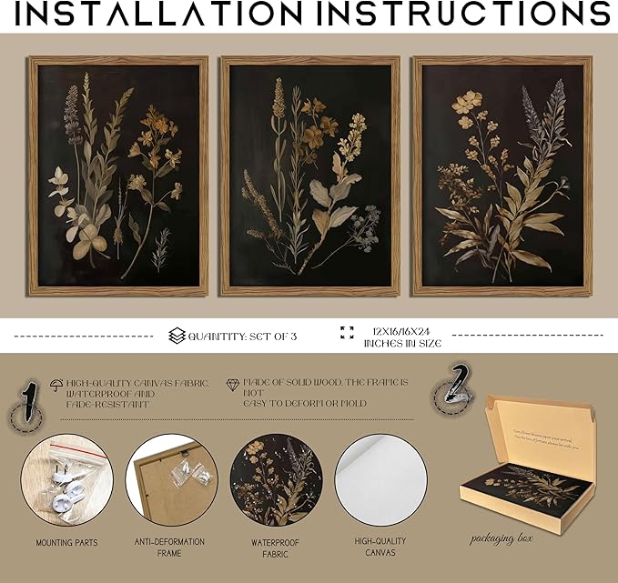 Framed Dark Botanical Wall Art Set of 3, Black Moody Floral Wall Decor Paintings, Dark Academia Decor, Vintage Flower Artwork Prints Pictures for Living Room Bedroom Bathroom 12x16 Inch