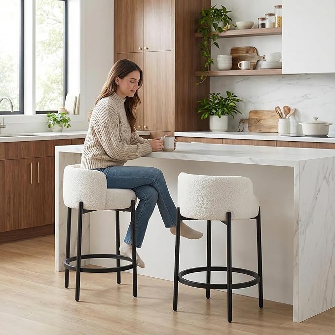 LukeAlon Modern Sherpa Counter Height Stools Set of 2, Upholstered 26" Seat Height Barstools with Black Metal Legs Round Low Back Kitchen Stools with Footrest for Dining Room Small Places, White