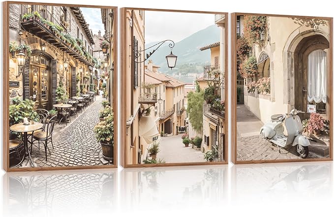 HPINUB Foreign Scenery Framed Canvas Wall Art Set, (Set of 3,12X16 Inch) Vintage Travel City Wall Decor,Modern Minimalist Europe Street Picture Nature Landscape Art Print for Living Room,Bedroom