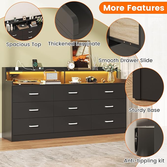Bigbiglife 9 Drawer Dresser with Built in Power Outlet and LED Light, Modern Chest of Drawers for Bedroom, Triple Wide Drawer Organizer Cabinet for Living Room, Entryway, Hallway, Black