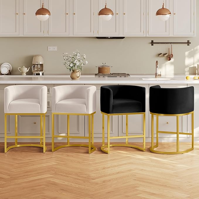 Modern Counter Height Bar Stools,Bar Stools Set of 2,Velvet Fabric Upholstered Barrel Barstools with Backs,26'' Kitchen Island Chairs,Metal Gold Frames,Beige White Velvet