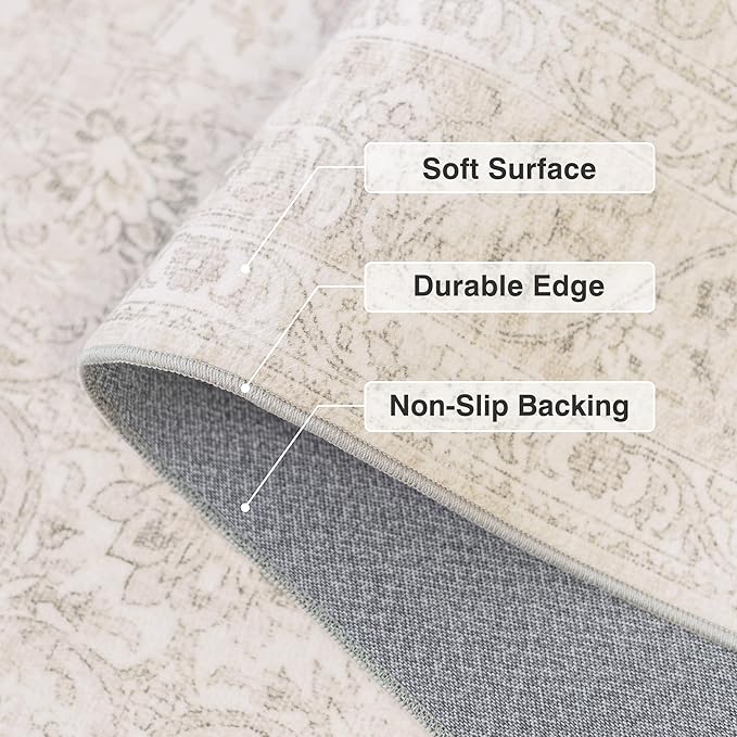 FMFUNCTEX 6x9 Washable Area Rug Neutral Beige Vintage Distressed Oriental Non Slip Low Pile Floral Rug for Living Room Bedroom Cream Traditional Soft Thin Retro Indoor Carpet for Dining Room Office