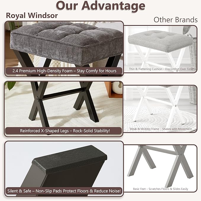 Royal Windsor Vanity Stool,Square Ottoman Stool Foot Rest,Upholstered Vanity Chair Foot Stool with Metal X Legs, Small Vanity seat for Entryway,Bedroom and Living Room,Linen Dark Grey