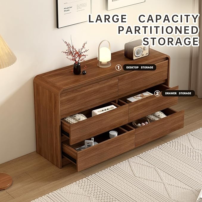 Messenya Modern 6 Drawer Dresser, 55-Inch Wood Chest of Drawers, Curved Anti-Collision Design, Mid-Century Storage Cabinet, Pre-Embedded Slots, Natural Texture, for Bedroom, TV Stand (W-55IN)