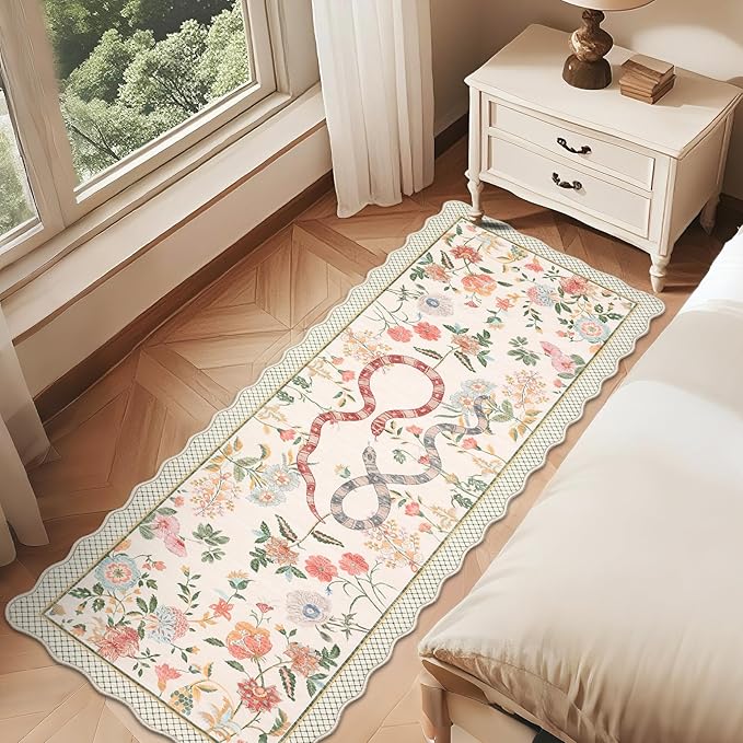 Garvee Washable Runner Snake Scalloped Rug 2x6 Runner Rugs for Hallway, Non-Slip Stain-Resistant Kitchen Runners, Soft Low Pile Non Shedding Carpet for Laundry Entryway Bedroom Bathroom,Beige