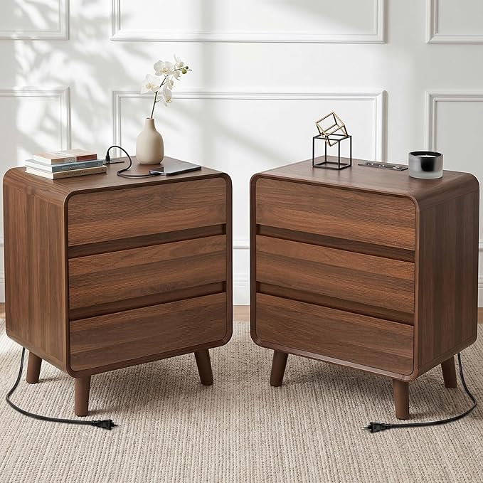 Nasonet 27.7'' Tall Night Stands Set 2 with Chaing Station, Mid-Century Modern Large Bedside Table with Outlets, Wide Wood End Table for Bedroom, Walnut