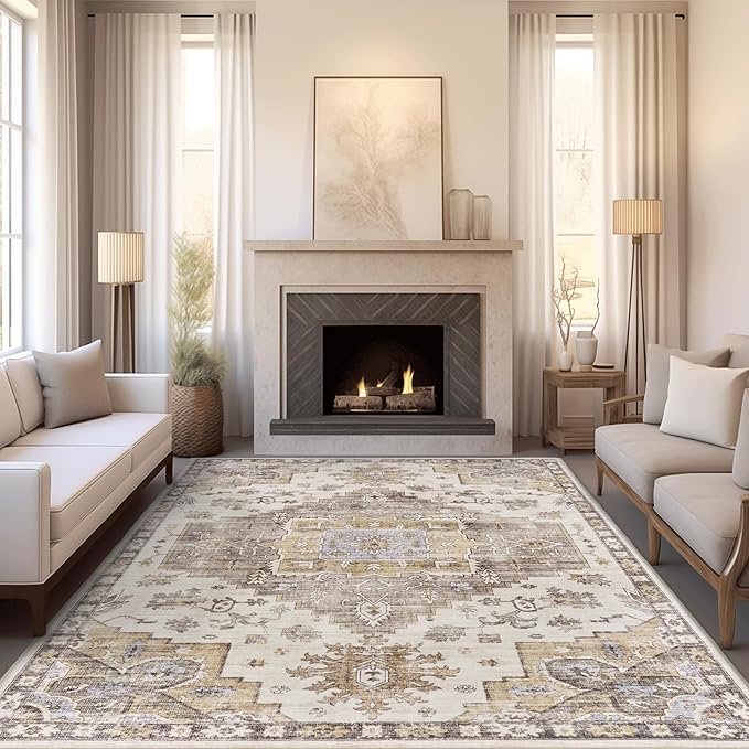 befbee 6x9 Area Rugs for Living Room, Stain Resistant Neutral Washable Rugs for Dining Rooms, Floral Vintage Non-Slip Thin Large Size Area Rug(Brown)