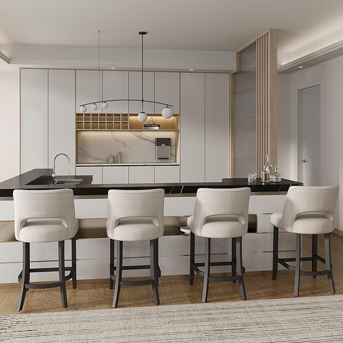 VKNOW Bar Stools Set of 2, 26" Upholstered Counter Height Bar Stools, Modern Counter Stools with Black Legs for Kitchen Island Dining Room Bar, Beige-Black Legs