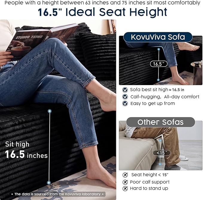 Black Sectional Couch with Ottoman, 108" Cloud Modular Couch for Living Room, Modern U-Shaped Sofa, No Assembly Required - Plush Corduroy Fabric & Deep Seat Comfort (Left Facing Chaise)