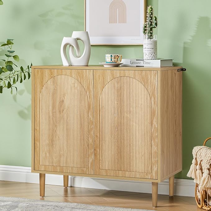 Bifins 94.5” Fluted Sideboard Buffet Cabinet with Storage,Mid Century Modern Long Wood Storage Cabinet with Arched Profile for Dining Room Kitchen Living Room