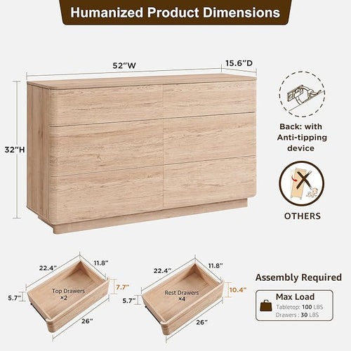 ACCOHOHO Modern 6 Drawer Dresser for Bedroom, 52" Wide Wooden Dressers with Large Storage,Handleless Chest of Drawers TV Stand for Living Room & Hallway, Curved Profile Design,Natural Oak