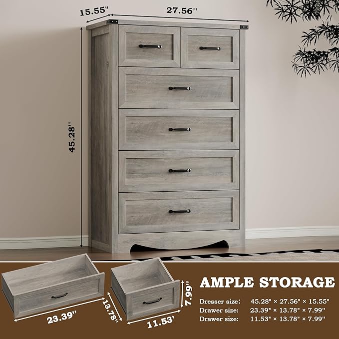 BORNOON Tall 6-Drawer Dresser for Bedroom, Modern Wooden Chest of Drawers with Metal Handles, Anti-Tipping Design, Sturdy and Stable Storage Organizer for Living Room, Entryway, Home Office, Standard