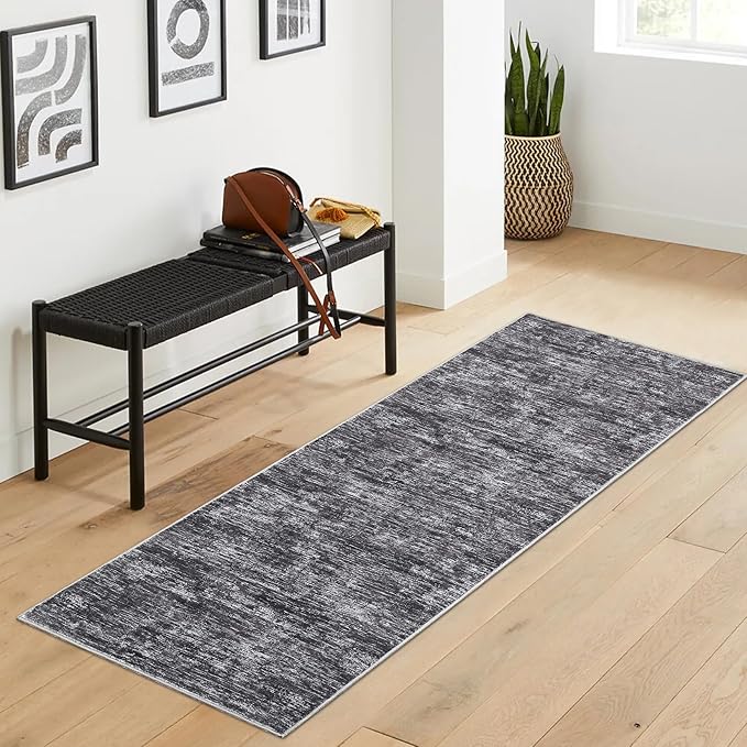 RUGSREAL Modern Runner Rug 2.5x8 Stain Resistant Washable Kitchen Runner Carpet ith Rubber Backing Low Pile Contemporary Solid Color Entryway Mat Ultra Soft Rug for Living Room Bedroom, Dark Grey