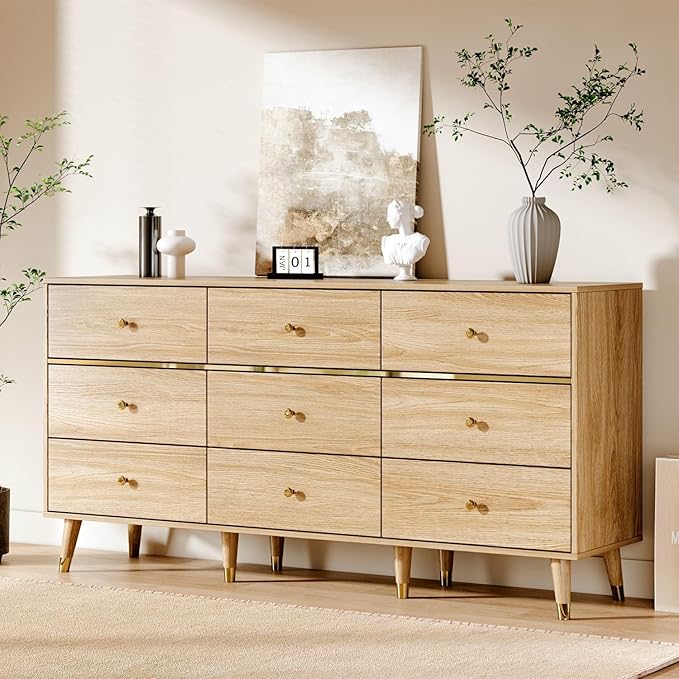 Chrangmay 9 Drawer Dresser,63" Wide Mid Century Modern Chest of Drawers,Wooden Bedroom Drawer Dresser with 9 Storage Drawers for Bedroom, Living Room,with Anti-Tipping Device,Natural