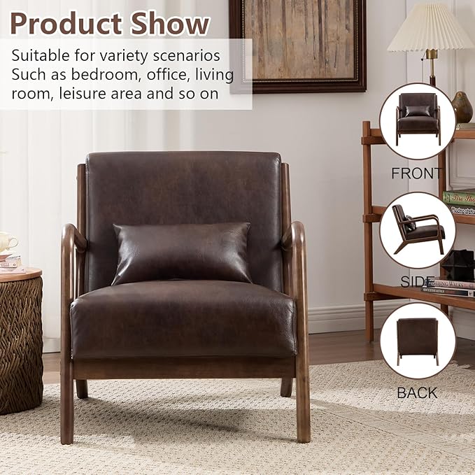INZOY Mid Century Modern Accent Chair with Wood Frame Set of 2, Upholstered Reading Armchair with PU Leather, Accent Chair for Living Room Bedroom Apartment, Easy Assembly, Chocolate Brown