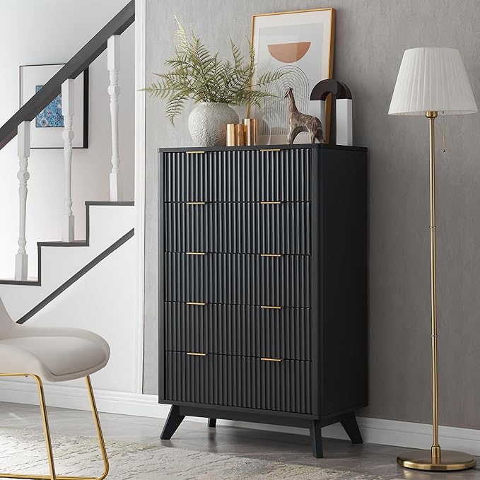T4TREAM Fluted 5 Drawers Dresser, 48" Tall Modern Chest of Drawers with Faux Marble Top, Curved Profile Design, Wood Drawer Organizer for Bedroom, Living Room, Hallway, Entryway, Dark Grey